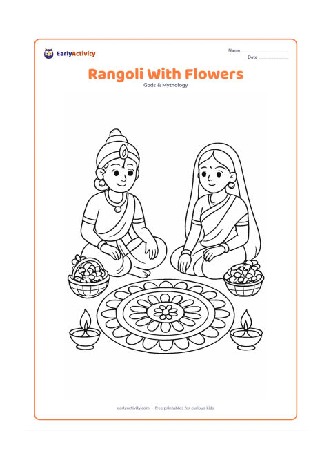 Colouring page: Ram and Sita sit beside a large circular rangoli made from simple petals and dots, surrounded by flower baskets and two lamps.
