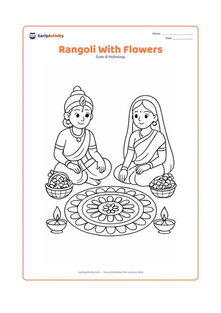 Colouring page: Ram and Sita sit beside a large circular rangoli made from simple petals and dots, surrounded by flower baskets and two lamps.