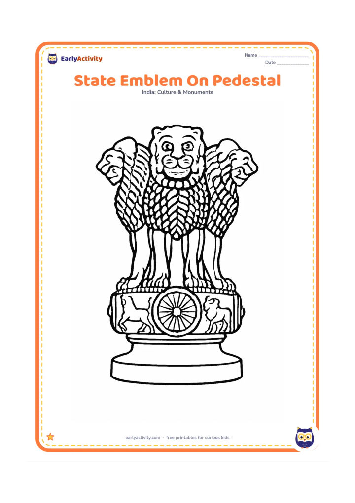 Colouring page: Draw the State Emblem of India as a careful front-facing Lion Capital of Ashoka on a plain pedestal, showing the four stylised lions with only three visible from the front. Include the…