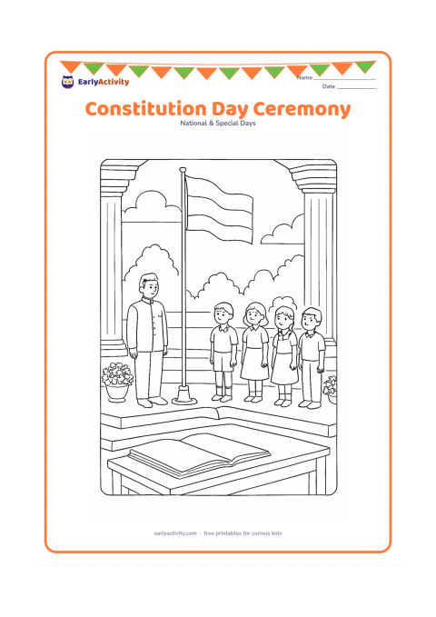 Colouring page: Draw a formal Republic Day ceremony in an open civic courtyard, with a flag being raised on a tall pole, a dignitary and children standing respectfully, and a large blank book on a table…