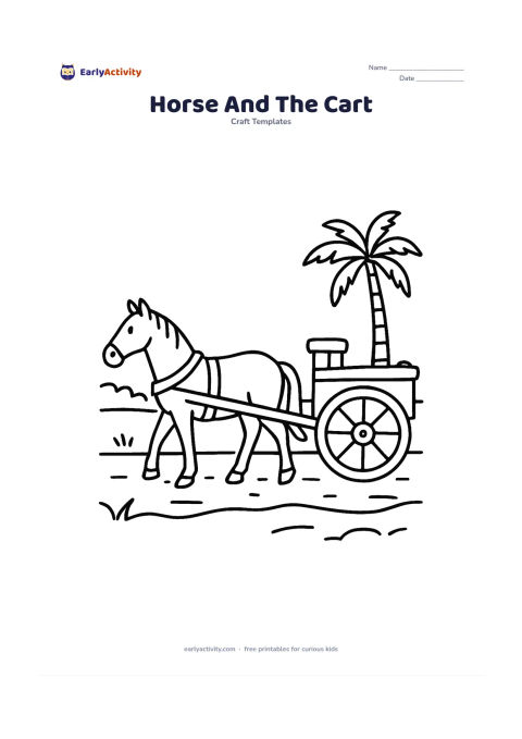 Worksheet: Draw a side-view horse pulling a small two-wheeled village cart, with a harness shown by broad straps and a driver seat left empty. Place the pair on a simple Indian rural path with a…