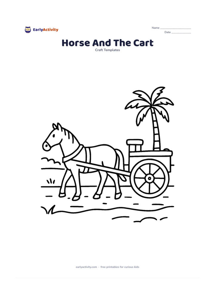 Worksheet: Draw a side-view horse pulling a small two-wheeled village cart, with a harness shown by broad straps and a driver seat left empty. Place the pair on a simple Indian rural path with a…