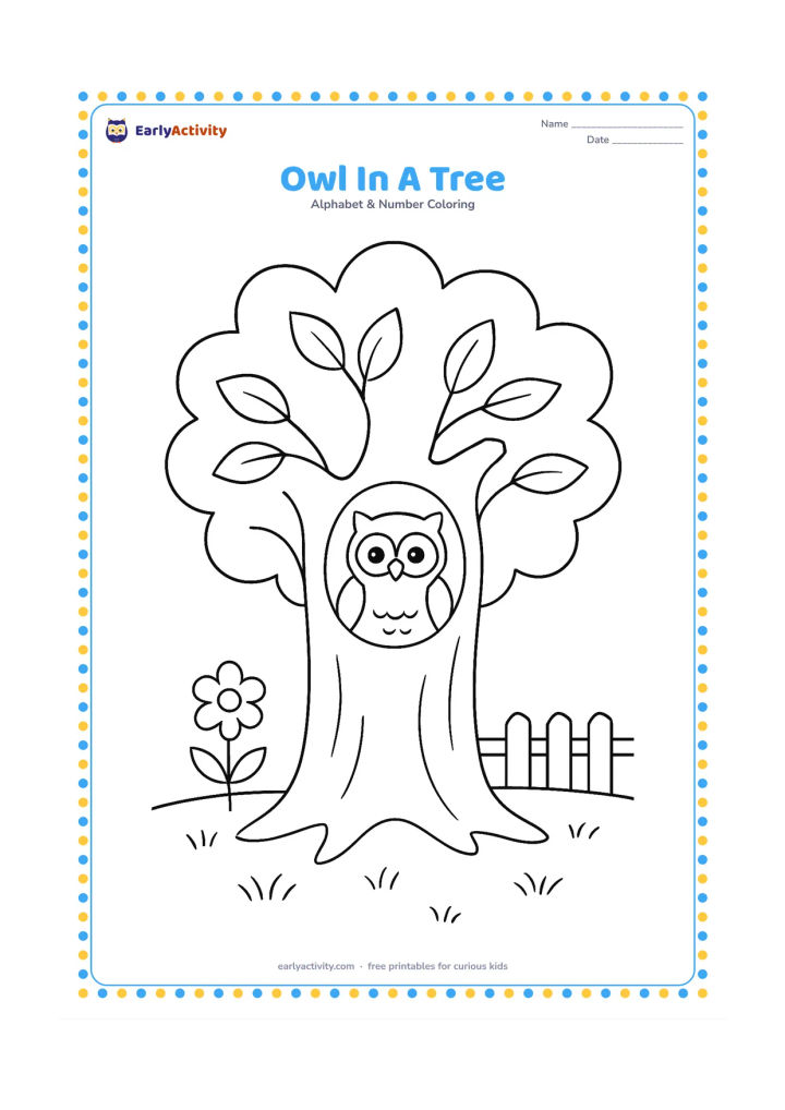 Colouring page: Draw a wide tree with a friendly owl looking out from a hollow, surrounded by several leaves and two small branches. Show a quiet garden below with a flower and a low fence.