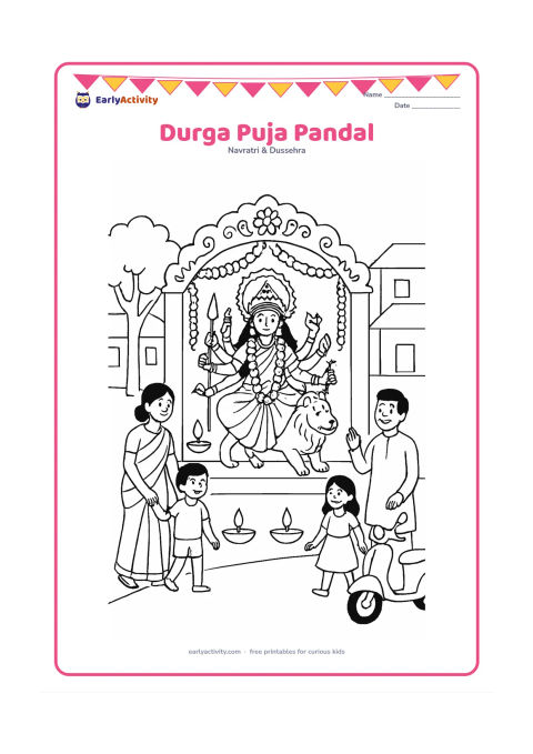 Colouring page: Show a decorated community pandal in an Indian neighbourhood with a Durga idol at the centre, flower garlands, two diyas, and families entering from either side. Include a tree, a…