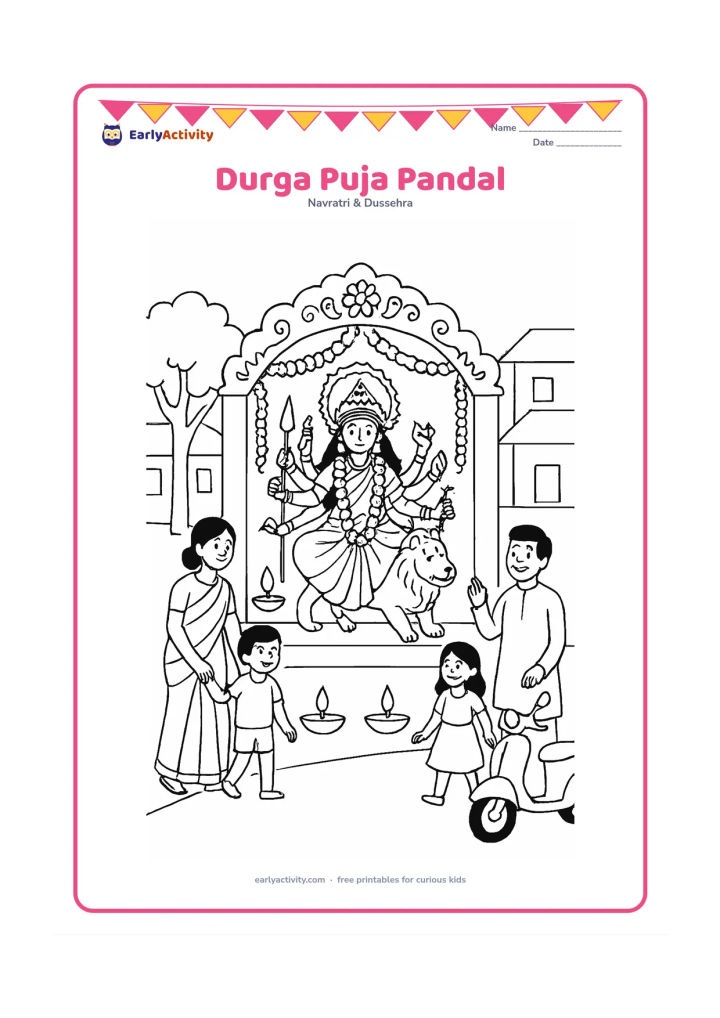 Colouring page: Show a decorated community pandal in an Indian neighbourhood with a Durga idol at the centre, flower garlands, two diyas, and families entering from either side. Include a tree, a…