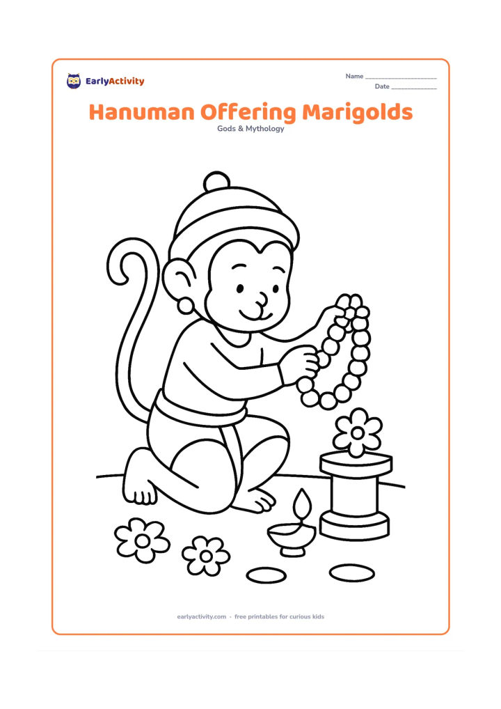Colouring page: Draw Hanuman kneeling beside a small flower pedestal as he places a marigold garland on it, with his long tail curled clearly behind him. Include one diya, a few large flowers and simple…