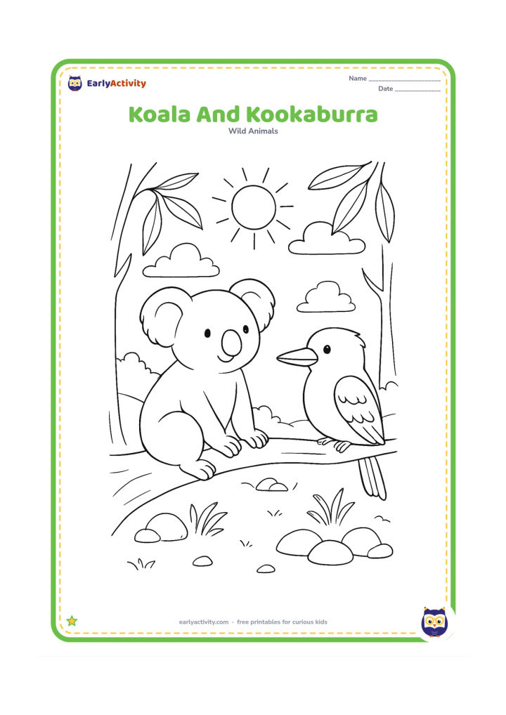 Colouring page: A seated koala rests on a broad eucalyptus branch while a friendly kookaburra perches nearby and faces it. Set the scene in a sunny Australian bush clearing with gum leaves, small rocks,…