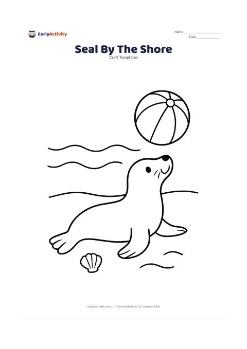 Worksheet: Draw a seal lying on its belly at the seashore, lifting its head toward a floating beach ball. Add two wide waves, a smooth shoreline and a small shell near the front flipper.