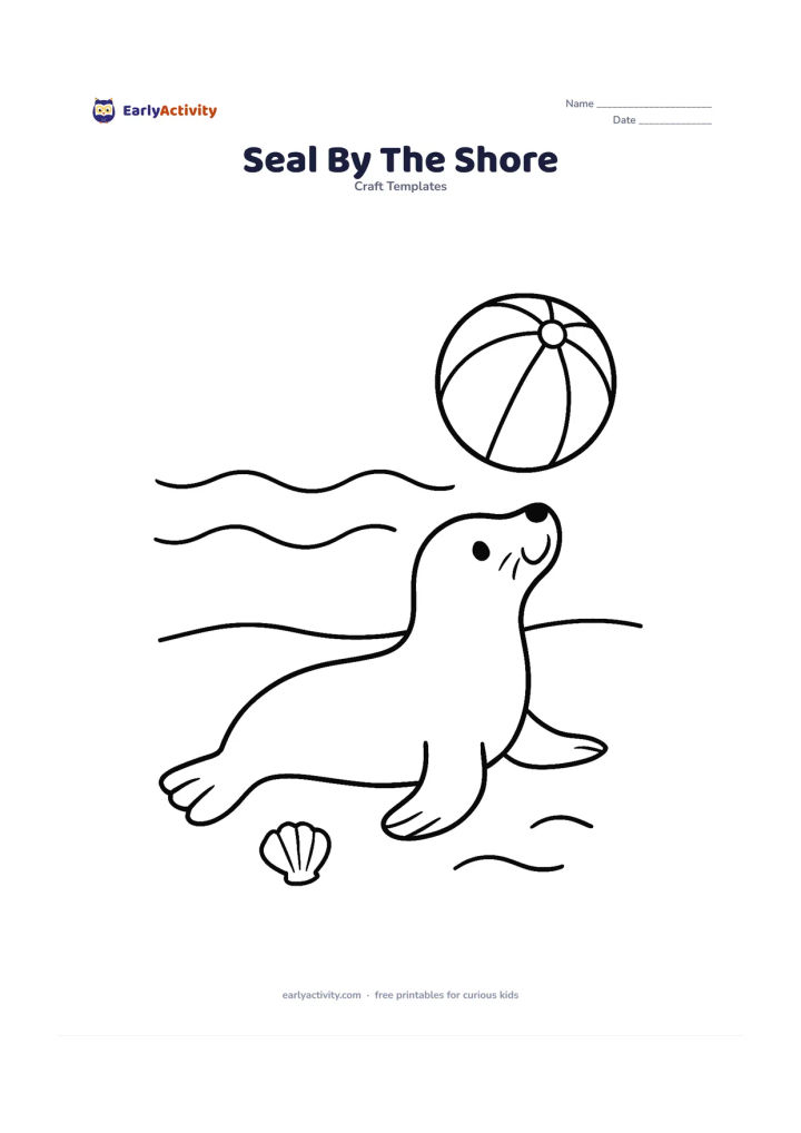 Worksheet: Draw a seal lying on its belly at the seashore, lifting its head toward a floating beach ball. Add two wide waves, a smooth shoreline and a small shell near the front flipper.