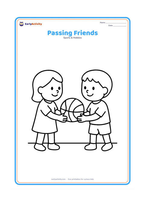 Colouring page: Two smiling children face each other and pass one basketball between them. Place them on a simple court line with plenty of empty space.