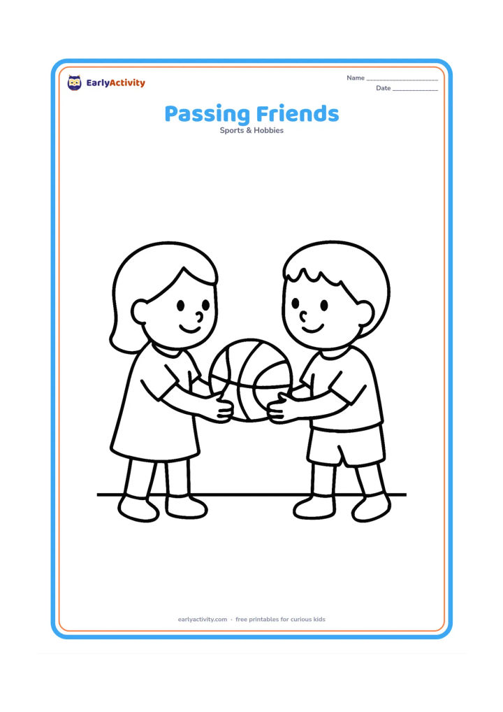 Colouring page: Two smiling children face each other and pass one basketball between them. Place them on a simple court line with plenty of empty space.