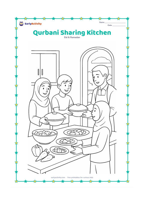 Colouring page: Adults and older children work together in a clean home kitchen to place prepared food into covered bowls for sharing, with a large table, serving dishes, vegetables and a doorway to the…