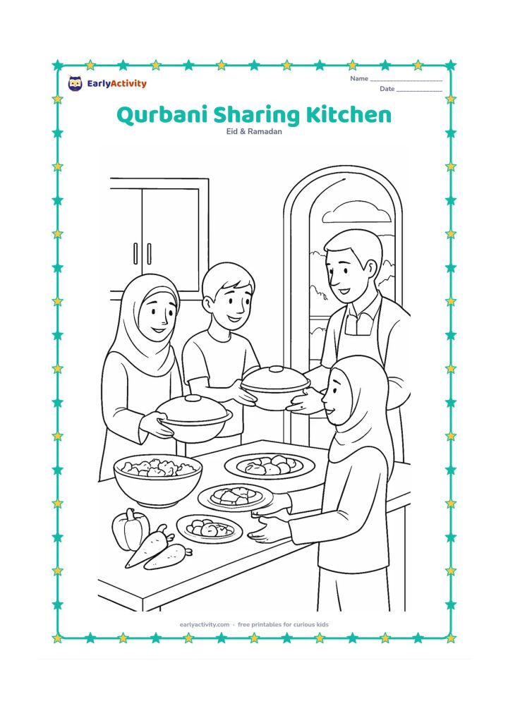 Colouring page: Adults and older children work together in a clean home kitchen to place prepared food into covered bowls for sharing, with a large table, serving dishes, vegetables and a doorway to the…