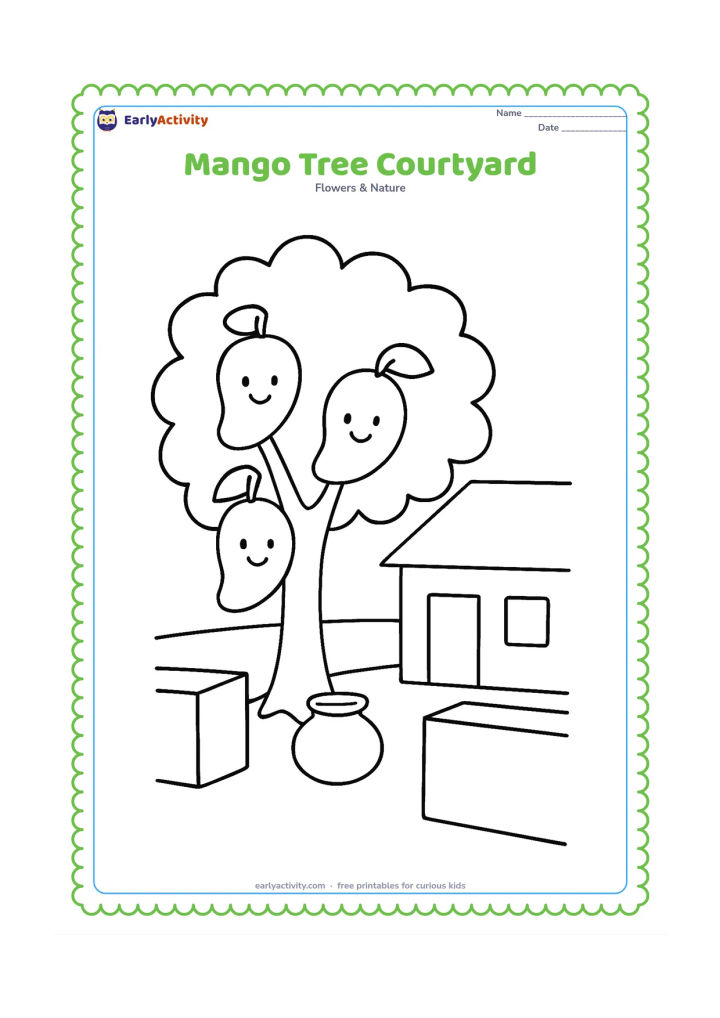 Colouring page: Draw a broad mango tree beside a simple Indian home courtyard, with three large mangoes, a low wall, and a round clay pot near the trunk. Do not include any house signs or writing.