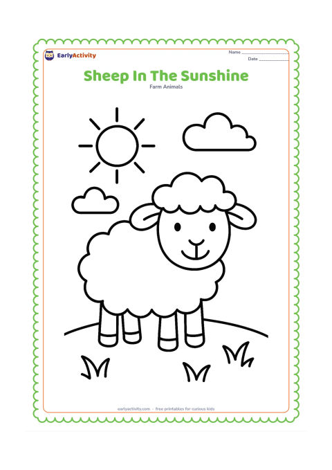 Colouring page: A smiling sheep stands on a gentle hill beneath a large sun, with two clouds and three curved grass patches. The sheep is the central large shape.