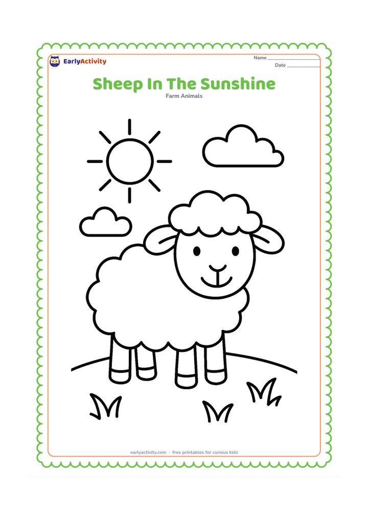 Colouring page: A smiling sheep stands on a gentle hill beneath a large sun, with two clouds and three curved grass patches. The sheep is the central large shape.