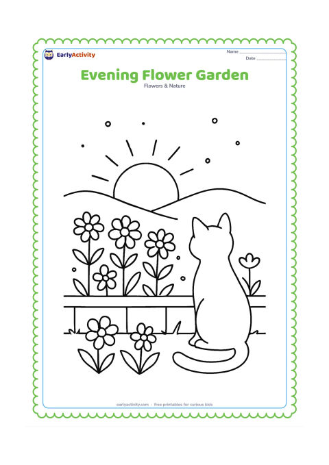 Colouring page: Draw a small garden of open flowers at sunset, with a low wall, a crescent moon-shaped sun setting behind distant hills and a few fireflies represented only as simple dots. Include a…