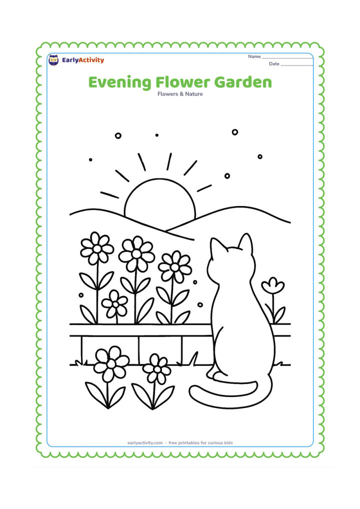 Colouring page: Draw a small garden of open flowers at sunset, with a low wall, a crescent moon-shaped sun setting behind distant hills and a few fireflies represented only as simple dots. Include a…