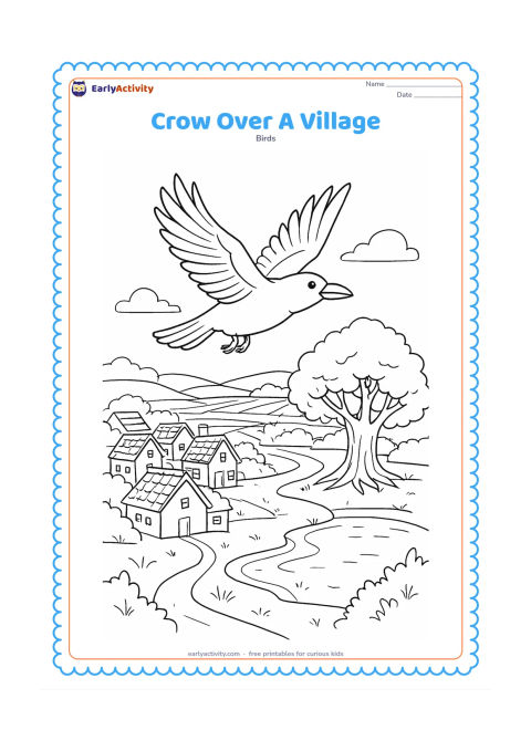 Colouring page: A crow flies across a wide village landscape with tiled roofs, a banyan tree, a pond, distant fields, and a footpath.