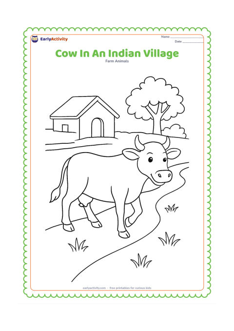 Colouring page: A friendly cow walks along a village path beside a low mud-plastered wall, with a simple Indian-style house, doorway, and leafy tree in the background. Add a few grass clumps along the path.