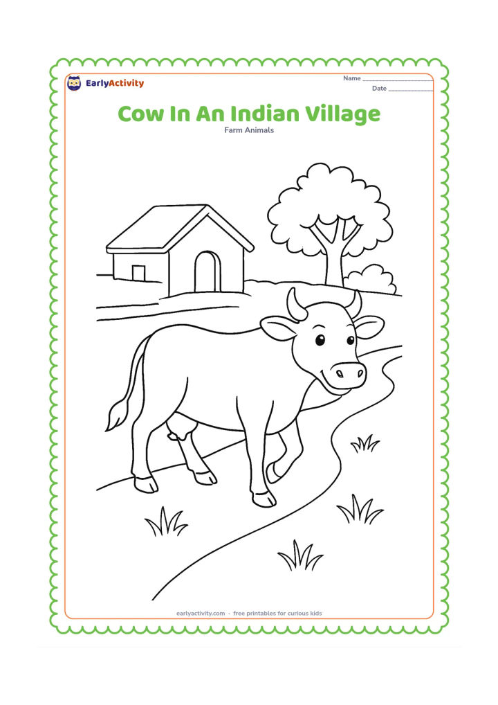 Colouring page: A friendly cow walks along a village path beside a low mud-plastered wall, with a simple Indian-style house, doorway, and leafy tree in the background. Add a few grass clumps along the path.