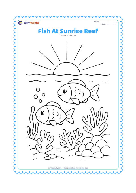 Colouring page: Draw two fish swimming over a coral reef as the sun rises beyond the water surface, with rays, bubbles, sea fans, rounded coral and a sandy floor. Place the larger fish in front and the…