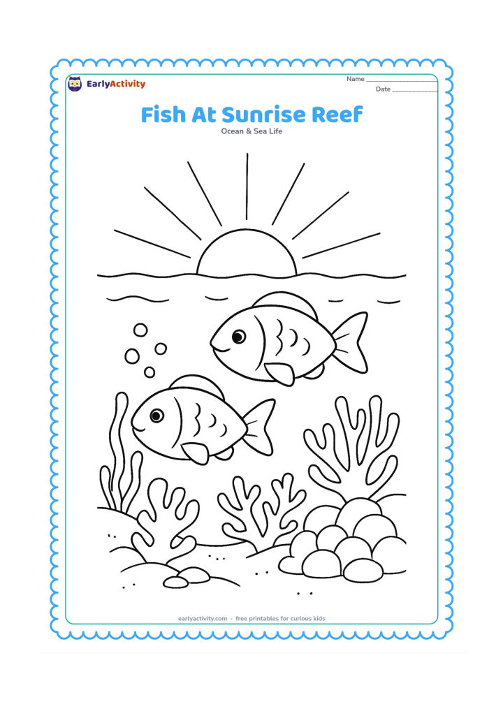 Colouring page: Draw two fish swimming over a coral reef as the sun rises beyond the water surface, with rays, bubbles, sea fans, rounded coral and a sandy floor. Place the larger fish in front and the…