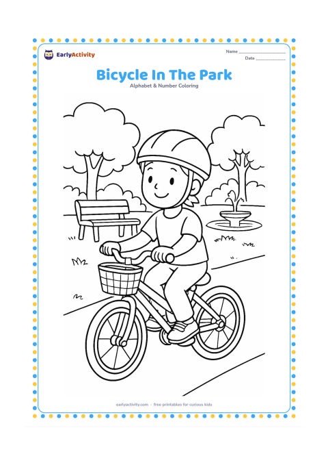 Colouring page: Draw a child riding a bicycle along a park path, with a basket on the handlebars and a helmet with no markings. Add a bench, shrubs, trees and a distant fountain without signs.