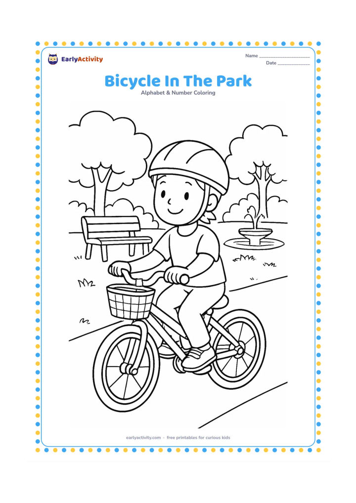 Colouring page: Draw a child riding a bicycle along a park path, with a basket on the handlebars and a helmet with no markings. Add a bench, shrubs, trees and a distant fountain without signs.