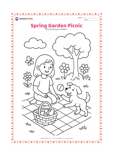 Colouring page: Draw a child sitting on a picnic blanket beside a basket of fruit, with a friendly dog reaching toward a ball. Surround them with three kinds of flowers, a butterfly, a leafy tree and…