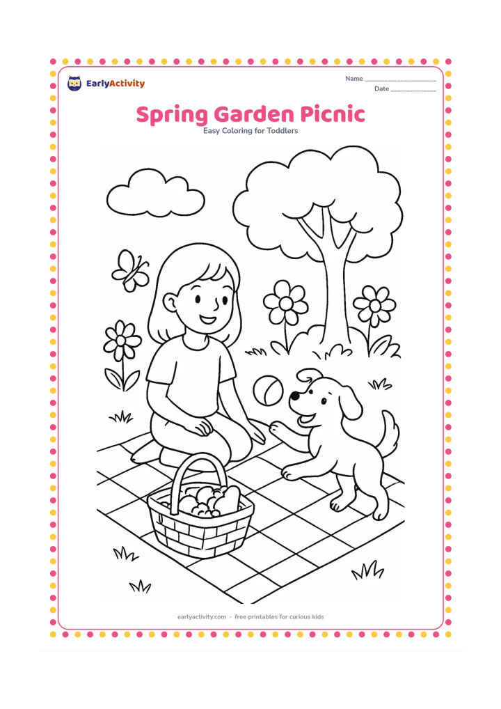 Colouring page: Draw a child sitting on a picnic blanket beside a basket of fruit, with a friendly dog reaching toward a ball. Surround them with three kinds of flowers, a butterfly, a leafy tree and…
