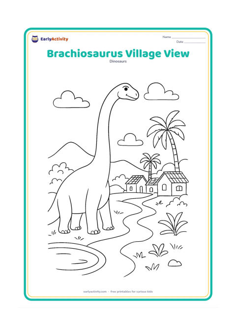 Colouring page: Draw a peaceful Brachiosaurus reaching above a distant Indian village landscape with simple tiled-roof houses, a pond, palm trees and a winding path. Keep the dinosaur clearly…