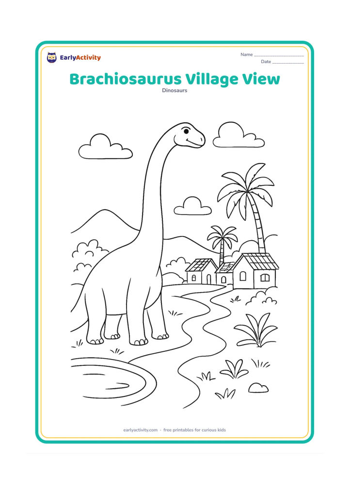 Colouring page: Draw a peaceful Brachiosaurus reaching above a distant Indian village landscape with simple tiled-roof houses, a pond, palm trees and a winding path. Keep the dinosaur clearly…