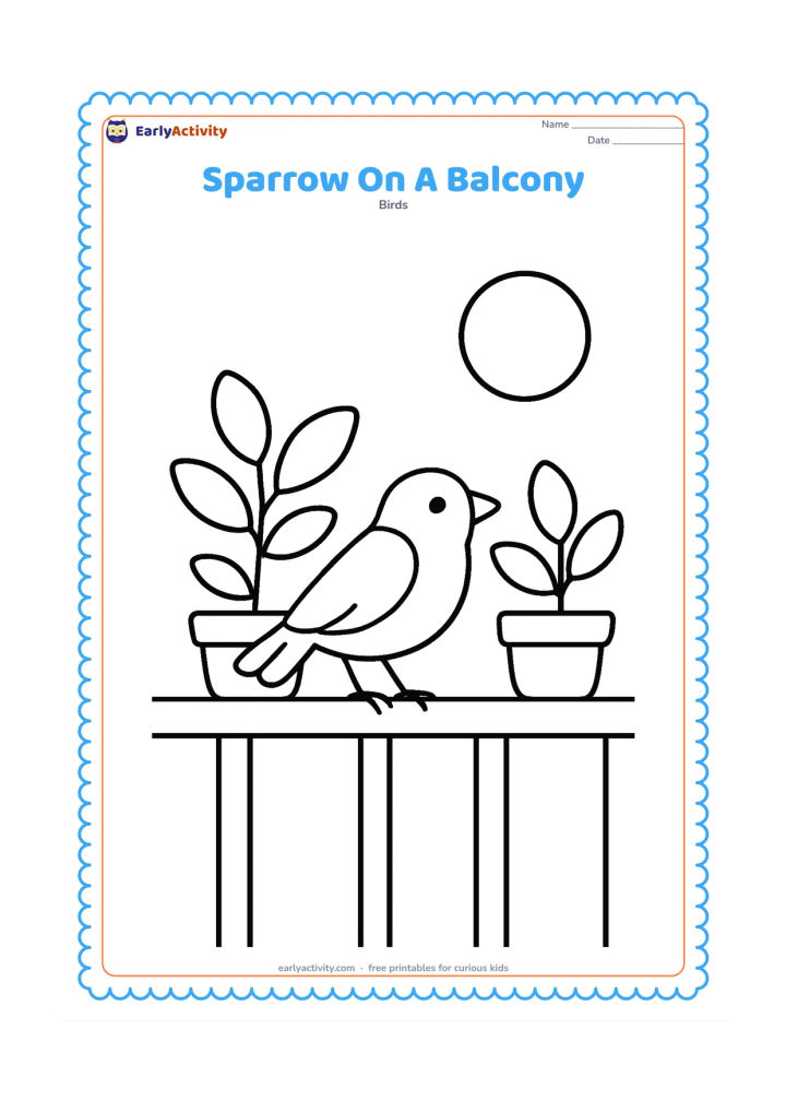 Colouring page: Draw one sparrow perched on a broad balcony railing beside two large potted plants. Include simple round leaves and a distant sun.