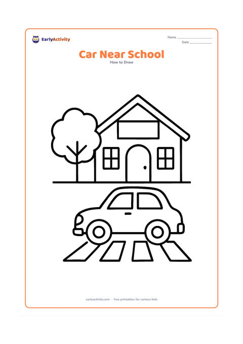 Worksheet: Show a small car stopped outside a simple school building with a roof, doorway, windows and a blank signboard, plus a tree and a crossing path. Do not place any writing on the building…