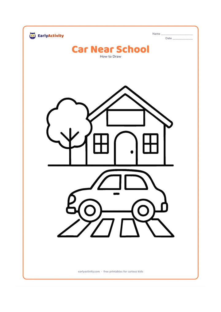 Worksheet: Show a small car stopped outside a simple school building with a roof, doorway, windows and a blank signboard, plus a tree and a crossing path. Do not place any writing on the building…