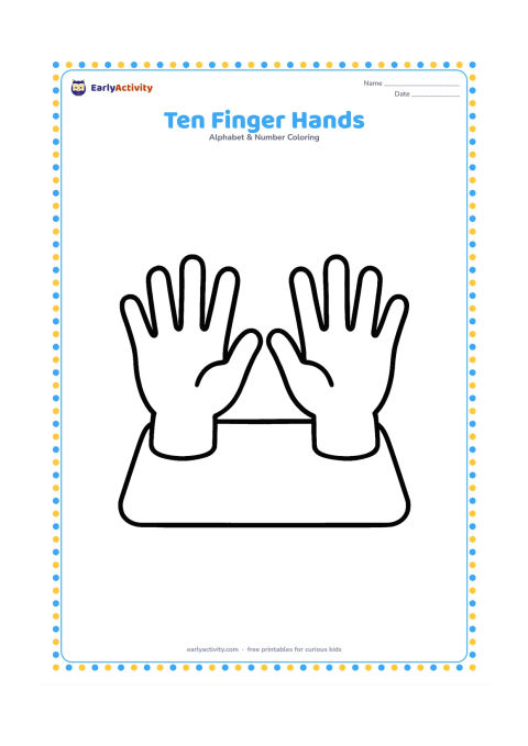 Colouring page: Draw two open child-friendly hands side by side, showing exactly ten fingers, resting above a simple tabletop. Add a small outline of a counting mat beneath the hands without any markings.