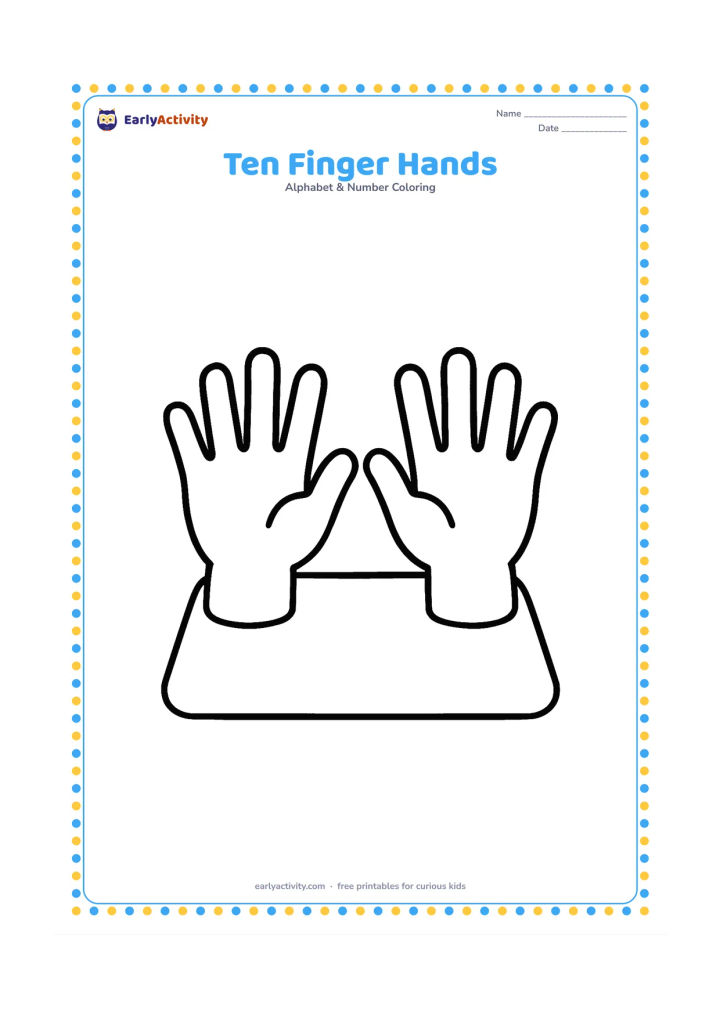 Colouring page: Draw two open child-friendly hands side by side, showing exactly ten fingers, resting above a simple tabletop. Add a small outline of a counting mat beneath the hands without any markings.