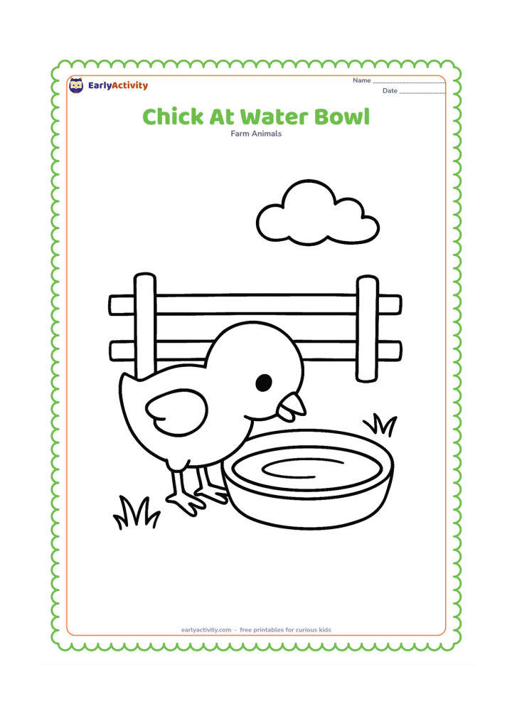 Colouring page: Draw a chick drinking from a large shallow water bowl. Add a simple fence rail, two grass clumps, and a round cloud.