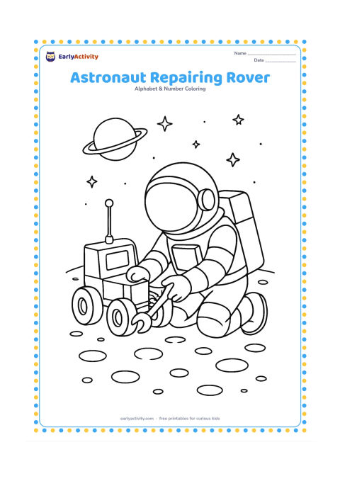 Colouring page: Draw an astronaut kneeling beside a small moon rover and using a large tool on one wheel. Place them on a cratered lunar surface with a distant planet and several stars.