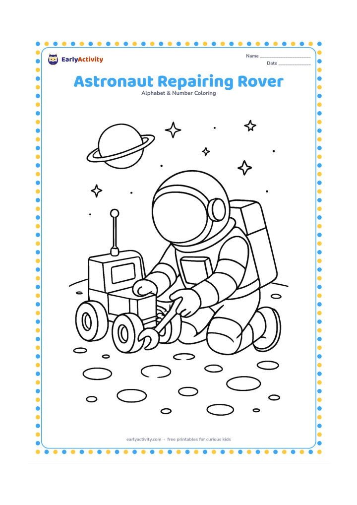 Colouring page: Draw an astronaut kneeling beside a small moon rover and using a large tool on one wheel. Place them on a cratered lunar surface with a distant planet and several stars.