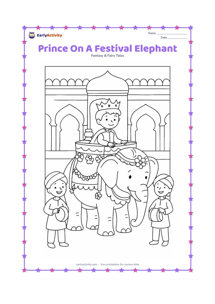Colouring page: A prince sits safely on a friendly decorated elephant during a palace celebration. Include a howdah, simple flower garlands, palace arches, and two smiling musicians holding small drums;…