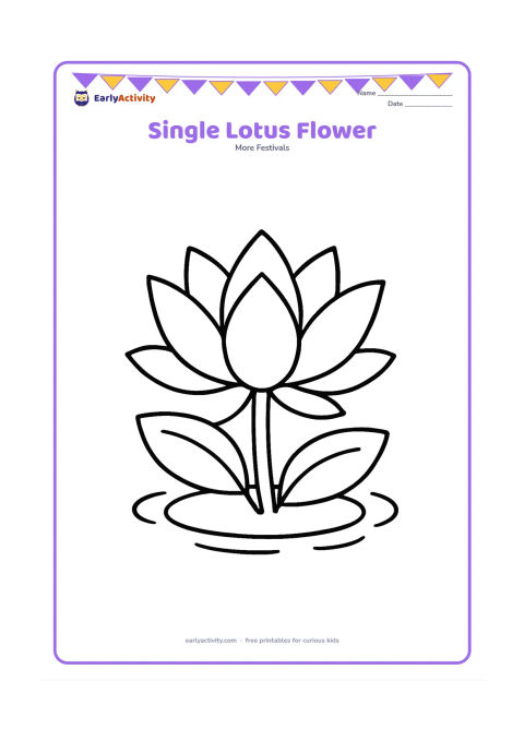 Colouring page: One large open lotus flower with broad petals rising from a small patch of water. Add two simple leaves and a few rounded ripples around the flower.
