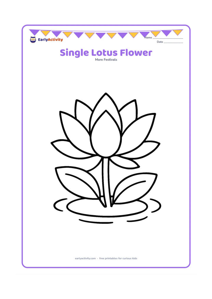 Colouring page: One large open lotus flower with broad petals rising from a small patch of water. Add two simple leaves and a few rounded ripples around the flower.