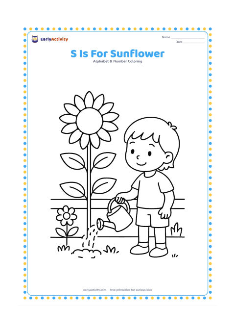 Colouring page: Draw a child watering a tall sunflower in a garden, with two smaller flowers, a watering can and a low wall behind. Place the large sunflower near the center.