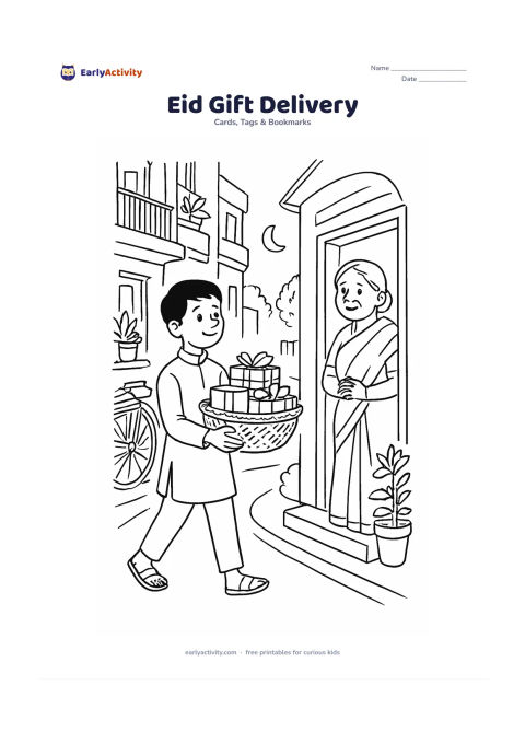 Worksheet: An older child carries a decorated basket of gifts along an Indian residential lane toward a grandparent at a doorway. Add balconies, potted plants, a bicycle, and a late-afternoon…