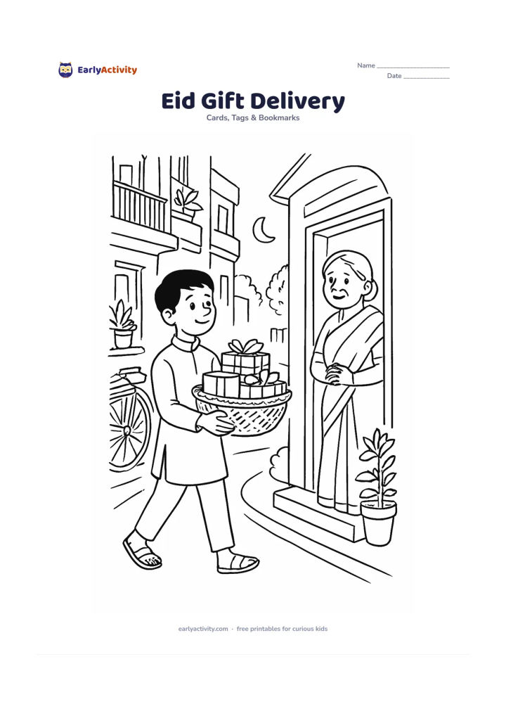 Worksheet: An older child carries a decorated basket of gifts along an Indian residential lane toward a grandparent at a doorway. Add balconies, potted plants, a bicycle, and a late-afternoon…