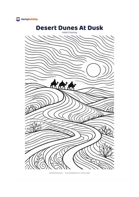 Colouring page: Curving desert dunes under a wide evening sky, with a small camel caravan far along the ridge, sparse thorny shrubs and a low sun near the horizon. Keep the dunes as large sweeping…