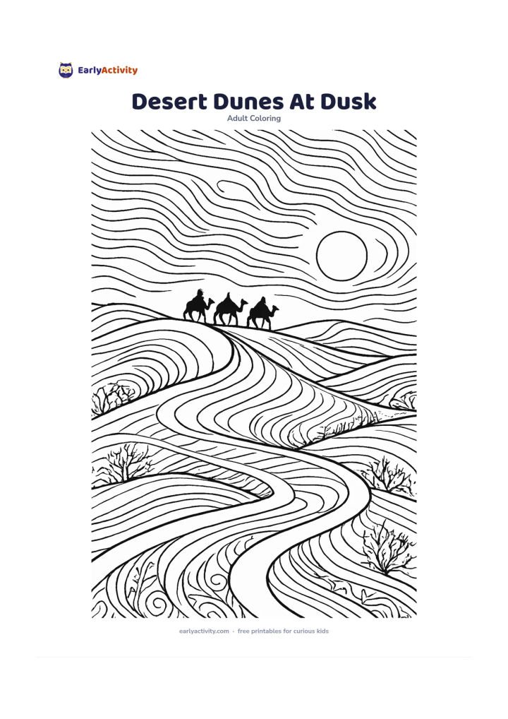 Colouring page: Curving desert dunes under a wide evening sky, with a small camel caravan far along the ridge, sparse thorny shrubs and a low sun near the horizon. Keep the dunes as large sweeping…