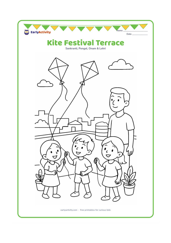 Colouring page: Three children on a safe Indian rooftop terrace fly two kites while an adult watches nearby. Show a parapet, water tank, potted plants, and several distant rooftops.